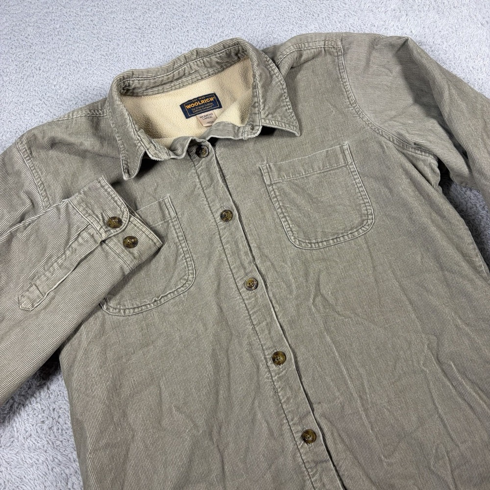 VINTAGE Woolrich Corduroy Sherpa Lined Shacket Womens Large Taupe Beige Button